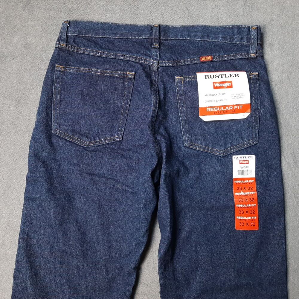NEW Wrangler Jeans Mens 33x32 Blue Denim Rustler Dark Wash Straight Leg Western